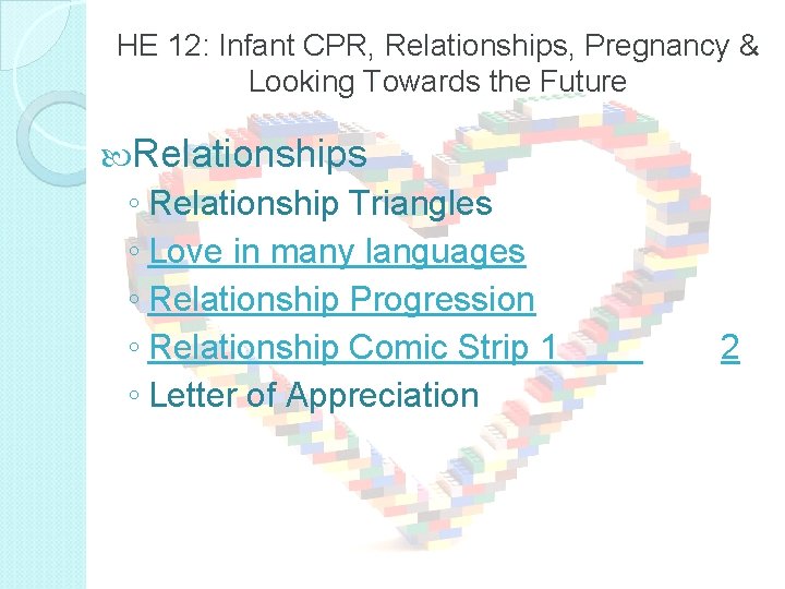 HE 12: Infant CPR, Relationships, Pregnancy & Looking Towards the Future Relationships ◦ Relationship