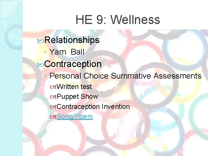 HE 9: Wellness Relationships ◦ Yarn Ball Contraception ◦ Personal Choice Summative Assessments Written