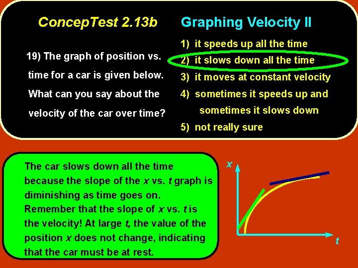 Concep. Test 2. 13 b Graphing Velocity II 1) it speeds up all the