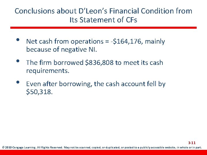 Conclusions about D’Leon’s Financial Condition from Its Statement of CFs • Net cash from