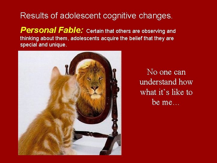 Results of adolescent cognitive changes. Personal Fable: Certain that others are observing and thinking