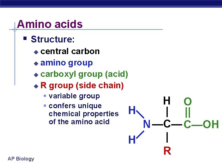Amino acids Structure: central carbon amino group carboxyl group (acid) R group (side chain)