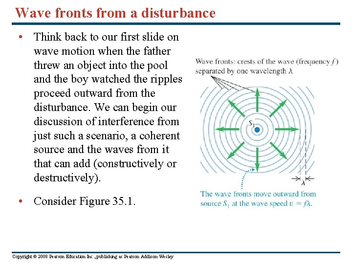 Wave fronts from a disturbance • Think back to our first slide on wave