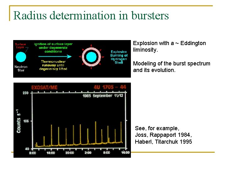 Radius determination in bursters Explosion with a ~ Eddington liminosity. Modeling of the burst