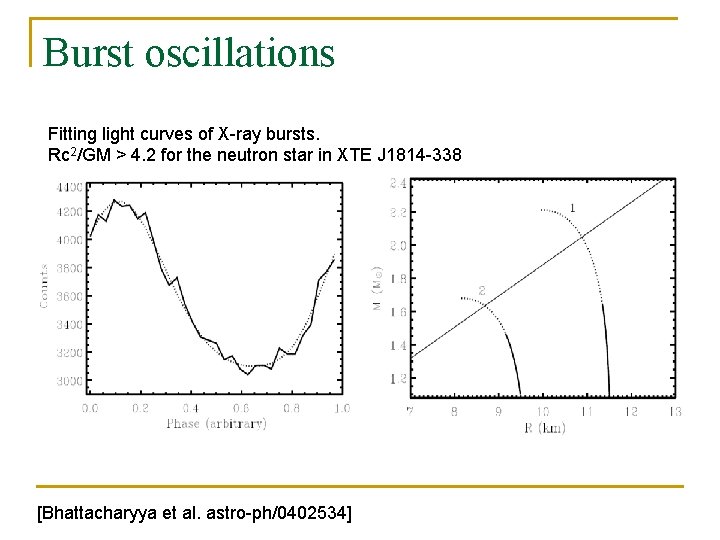 Burst oscillations Fitting light curves of X-ray bursts. Rc 2/GM > 4. 2 for