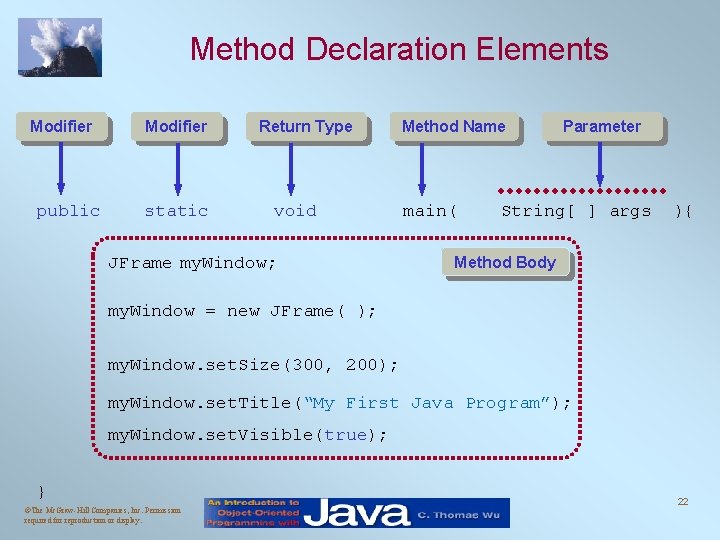 Method Declaration Elements Modifier public Modifier static Return Type void JFrame my. Window; Method