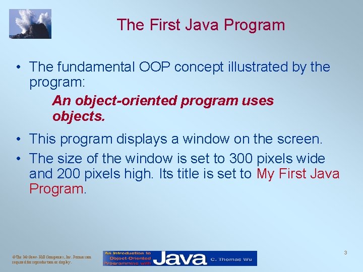 The First Java Program • The fundamental OOP concept illustrated by the program: An