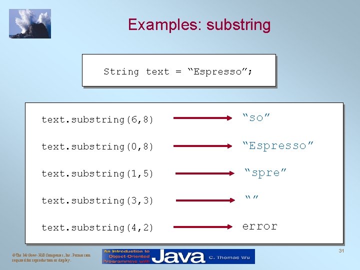 Examples: substring String text = “Espresso”; text. substring(6, 8) “so” text. substring(0, 8) “Espresso”