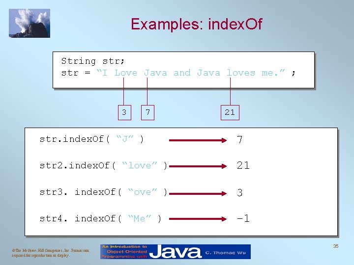 Examples: index. Of String str; str = “I Love Java and Java loves me.