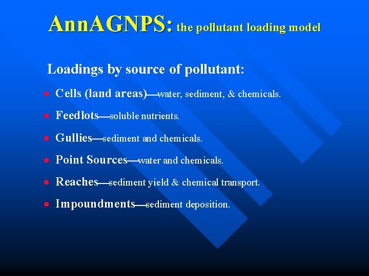 Ann. AGNPS: the pollutant loading model Loadings by source of pollutant: · Cells (land Ann. AGNPS: the pollutant loading model Loadings by source of pollutant: · Cells (land