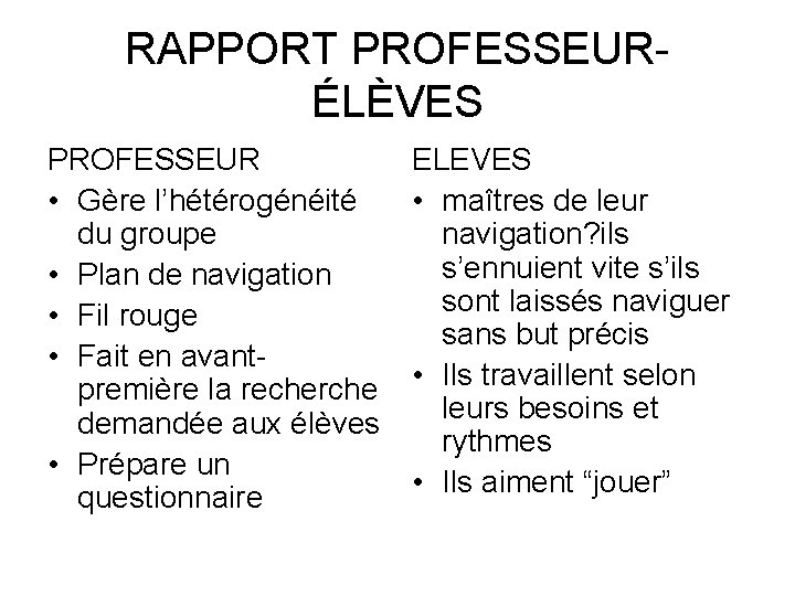 RAPPORT PROFESSEURÉLÈVES PROFESSEUR • Gère l’hétérogénéité du groupe • Plan de navigation • Fil