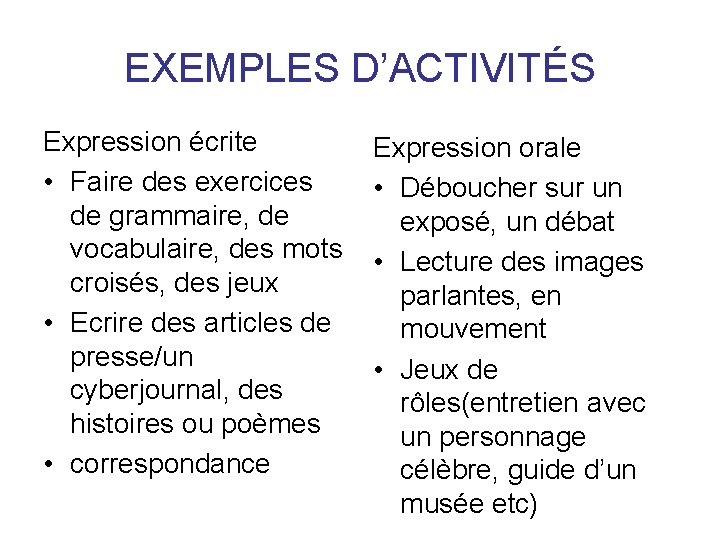 EXEMPLES D’ACTIVITÉS Expression écrite • Faire des exercices de grammaire, de vocabulaire, des mots