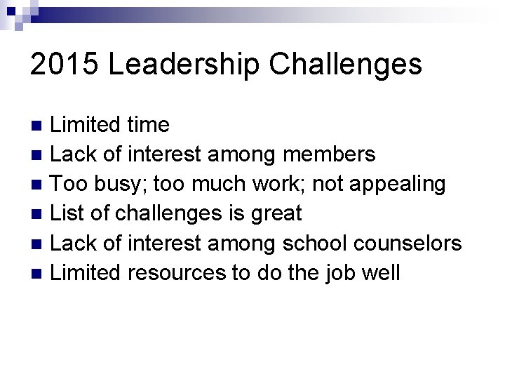 2015 Leadership Challenges Limited time n Lack of interest among members n Too busy; 2015 Leadership Challenges Limited time n Lack of interest among members n Too busy;