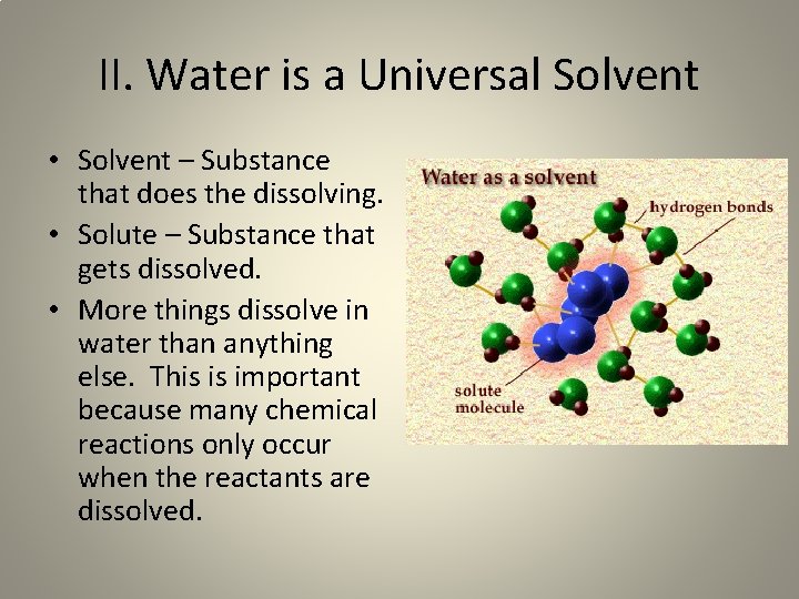 II. Water is a Universal Solvent • Solvent – Substance that does the dissolving.