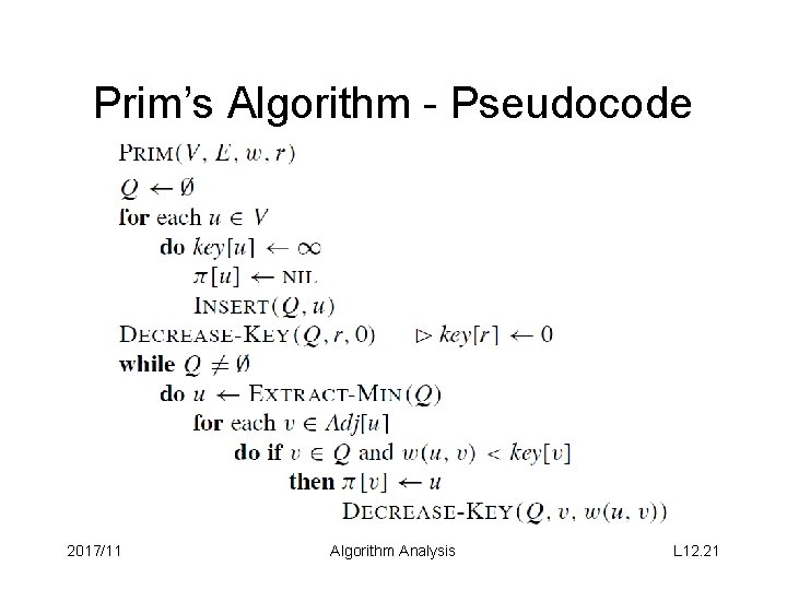 Prim’s Algorithm - Pseudocode 2017/11 Algorithm Analysis L 12. 21 