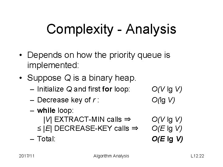 Complexity - Analysis • Depends on how the priority queue is implemented: • Suppose