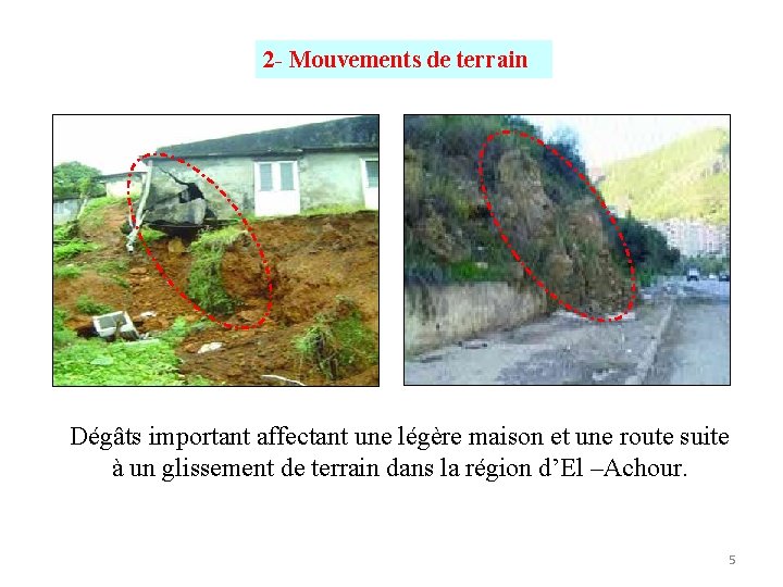 2 - Mouvements de terrain Dégâts important affectant une légère maison et une route