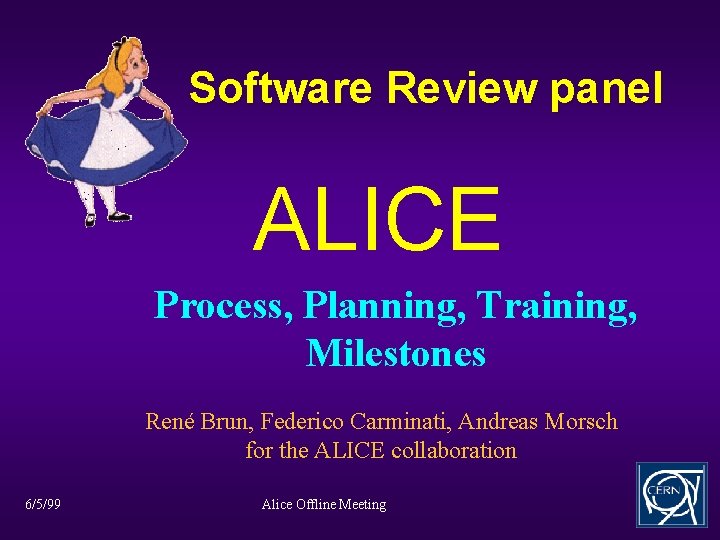 Software Review panel ALICE Process, Planning, Training, Milestones René Brun, Federico Carminati, Andreas Morsch