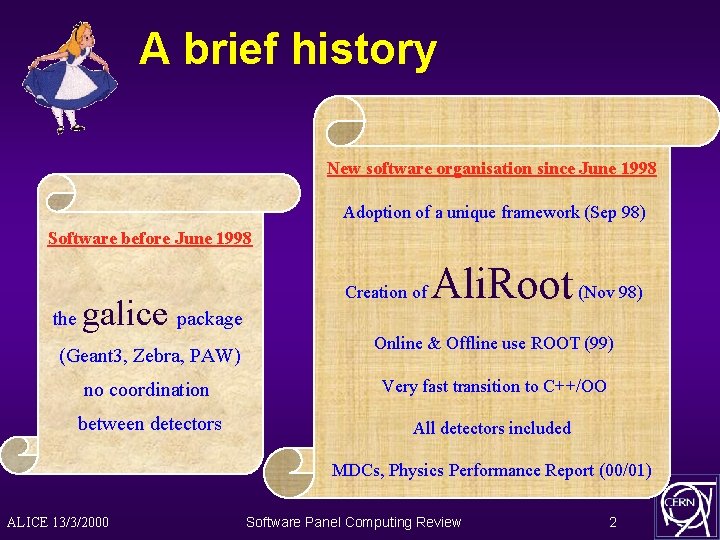 A brief history New software organisation since June 1998 Adoption of a unique framework