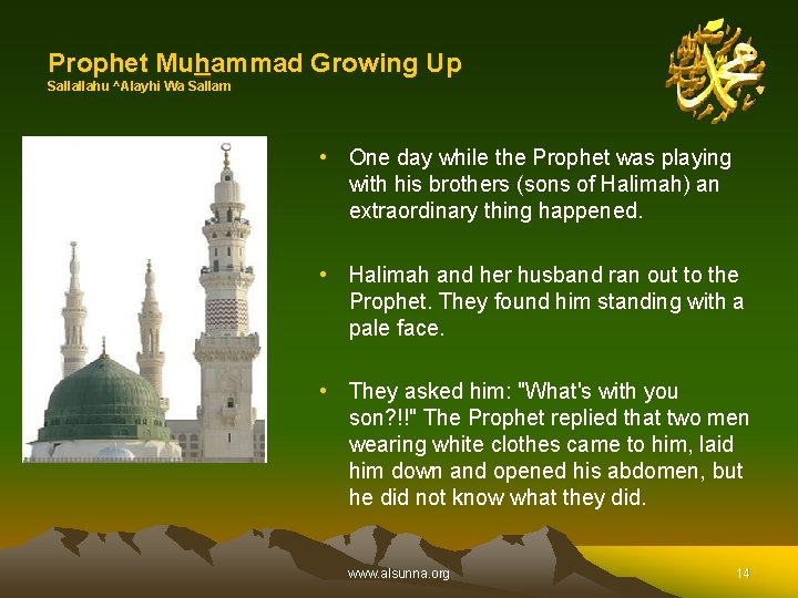 Prophet Muhammad Growing Up Sallallahu ^Alayhi Wa Sallam • One day while the Prophet