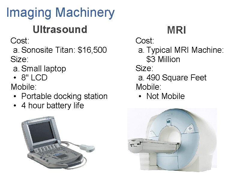 Imaging Machinery Ultrasound Cost: a. Sonosite Titan: $16, 500 Size: a. Small laptop •