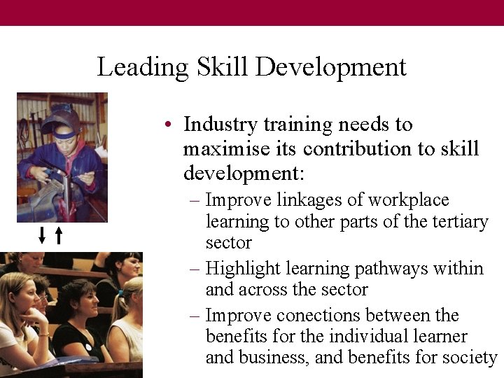 Leading Skill Development • Industry training needs to maximise its contribution to skill development: