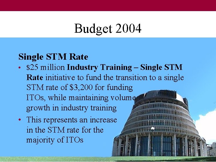 Budget 2004 Single STM Rate • $25 million Industry Training – Single STM Rate