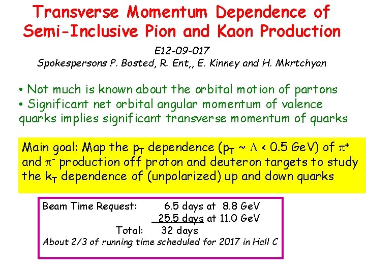 Transverse Momentum Dependence of Semi-Inclusive Pion and Kaon Production E 12 -09 -017 Spokespersons