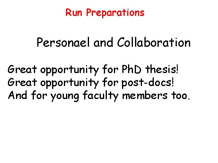 Run Preparations Personael and Collaboration Great opportunity for Ph. D thesis! Great opportunity for