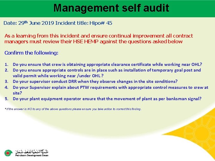 Management self audit Main contractor name – LTI# - Date of incident Date: 29