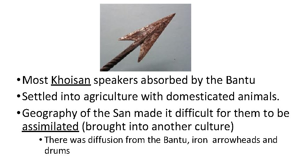  • Most Khoisan speakers absorbed by the Bantu • Settled into agriculture with