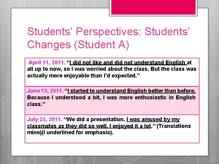 Students’ Perspectives: Students’ Changes (Student A) April 11, 2011. “I did not like and