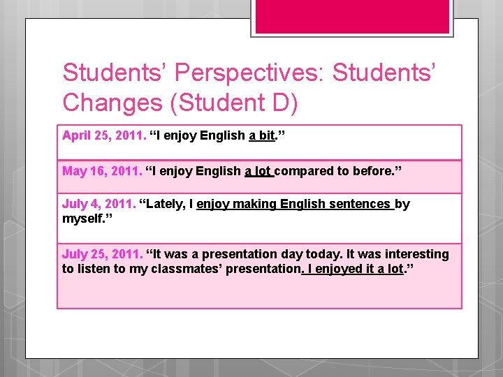 Students’ Perspectives: Students’ Changes (Student D) April 25, 2011. “I enjoy English a bit.