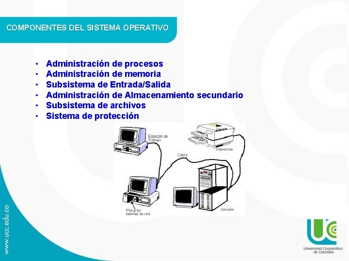 COMPONENTES DEL SISTEMA OPERATIVO • • • Administración de procesos Administración de memoria Subsistema