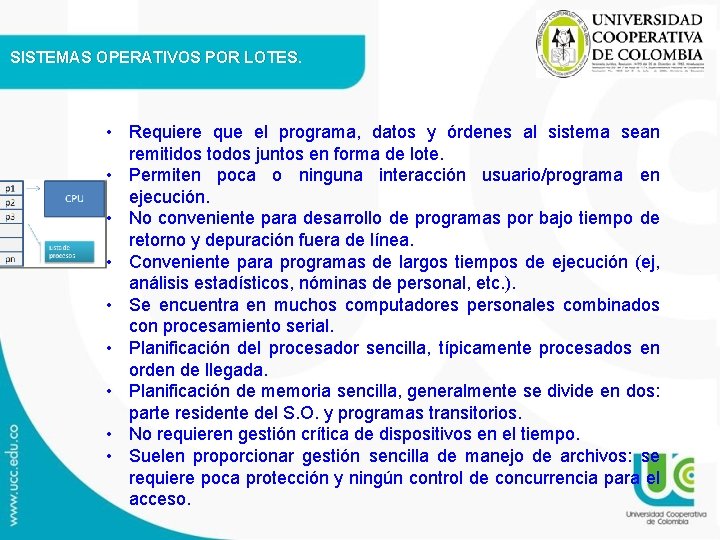 SISTEMAS OPERATIVOS POR LOTES. • Requiere que el programa, datos y órdenes al sistema