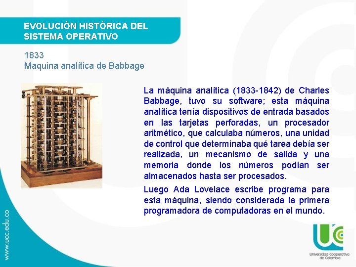 EVOLUCIÓN HISTÓRICA DEL SISTEMA OPERATIVO 1833 Maquina analítica de Babbage La máquina analítica (1833