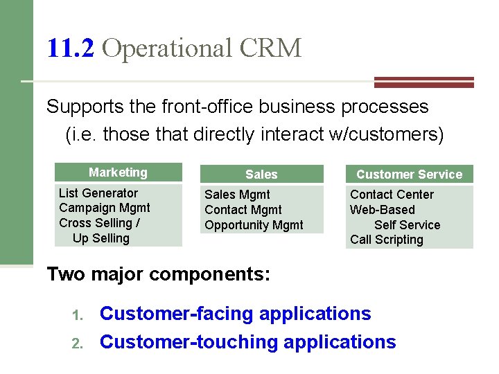 11. 2 Operational CRM Supports the front-office business processes (i. e. those that directly