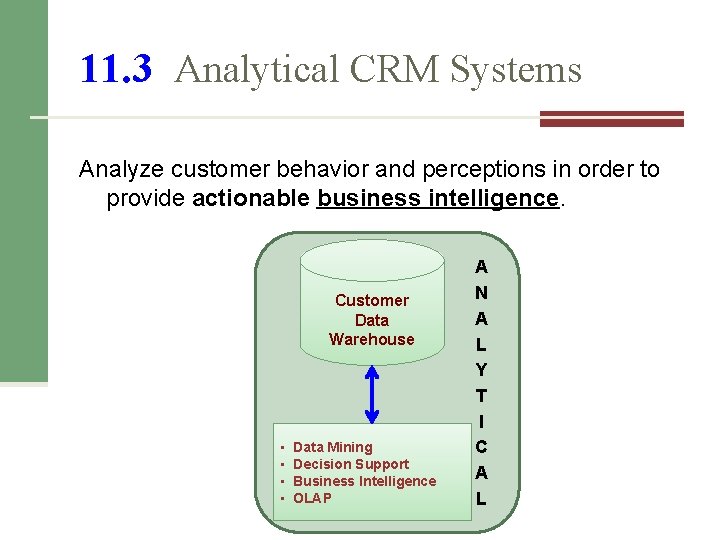 11. 3 Analytical CRM Systems Analyze customer behavior and perceptions in order to provide