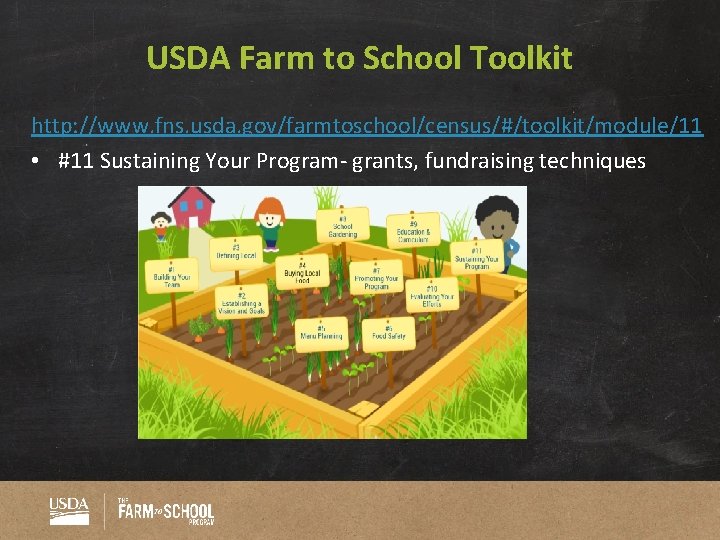 USDA Farm to School Toolkit http: //www. fns. usda. gov/farmtoschool/census/#/toolkit/module/11 • #11 Sustaining Your