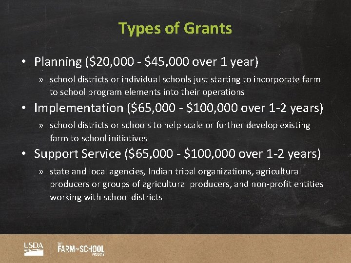 Types of Grants • Planning ($20, 000 - $45, 000 over 1 year) »