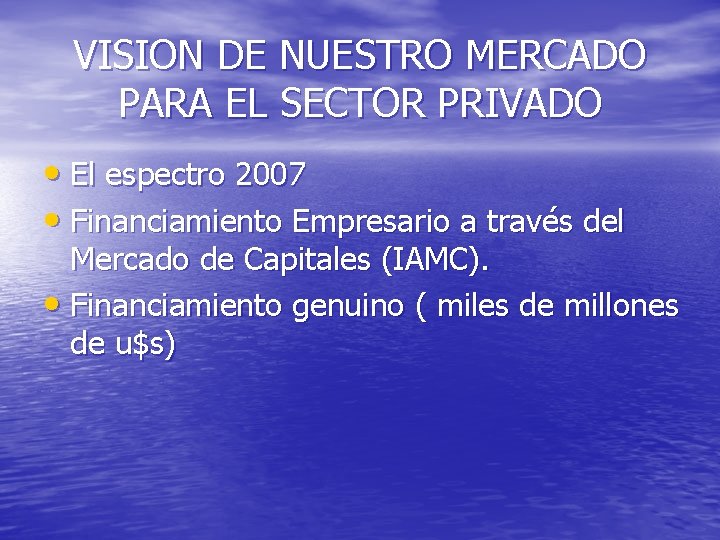 VISION DE NUESTRO MERCADO PARA EL SECTOR PRIVADO • El espectro 2007 • Financiamiento
