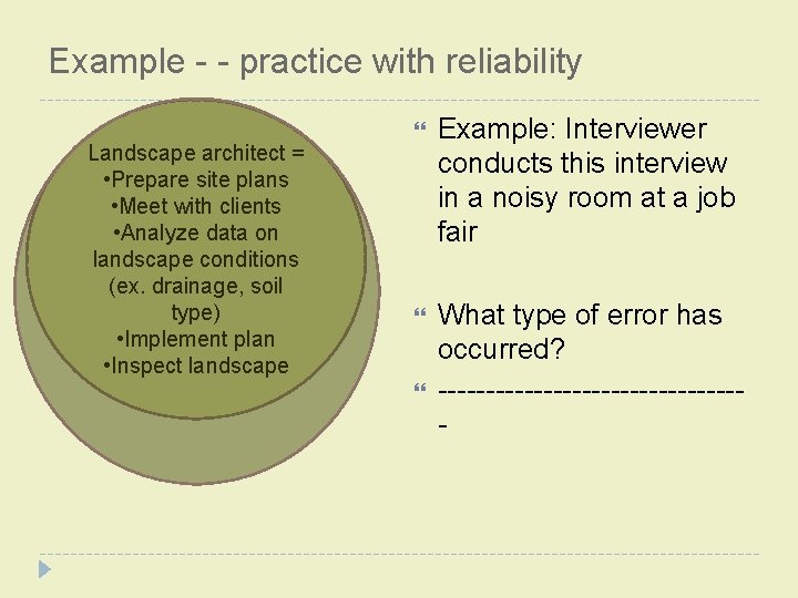 Example - - practice with reliability Landscape architect = • Prepare site plans •