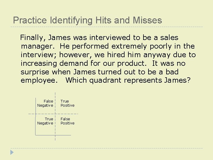 Practice Identifying Hits and Misses Finally, James was interviewed to be a sales manager.