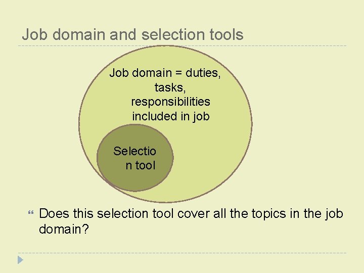 Job domain and selection tools Job domain = duties, tasks, responsibilities included in job