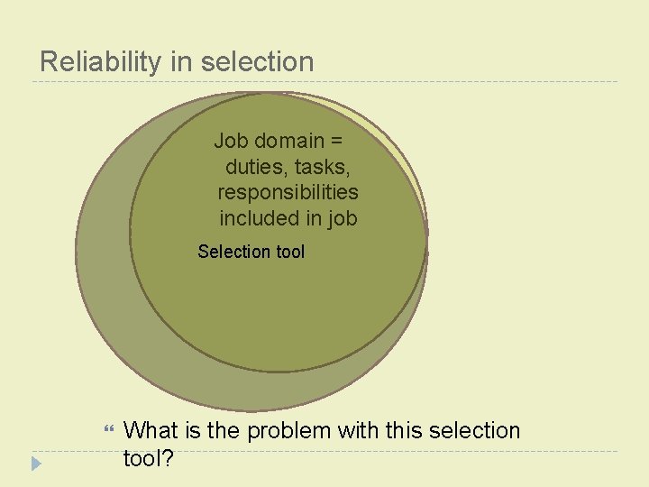 Reliability in selection Job domain = duties, tasks, responsibilities included in job Selection tool