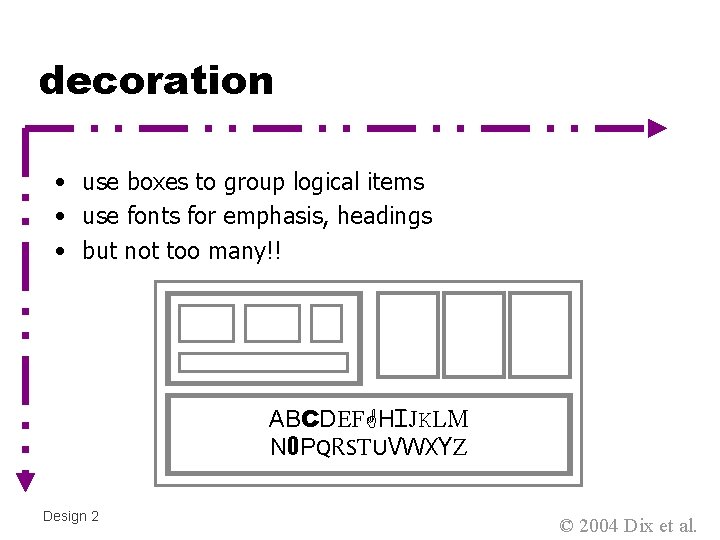 decoration • use boxes to group logical items • use fonts for emphasis, headings