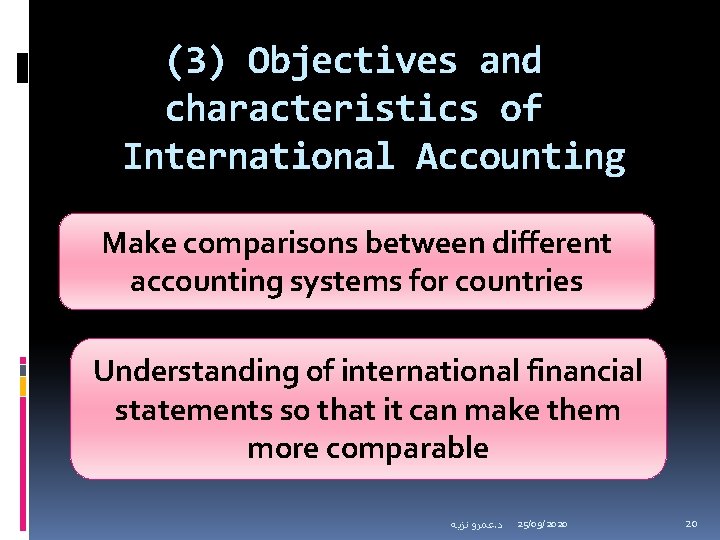 (3) Objectives and characteristics of International Accounting Make comparisons between different accounting systems for