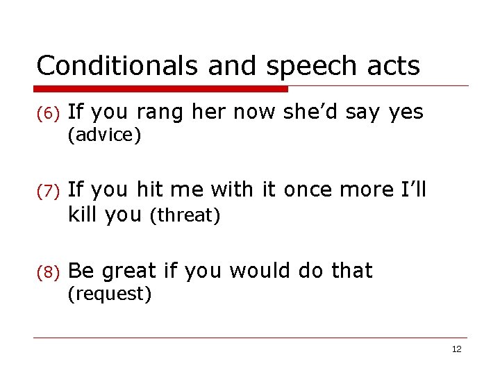 Conditionals and speech acts (6) If you rang her now she’d say yes (advice) Conditionals and speech acts (6) If you rang her now she’d say yes (advice)