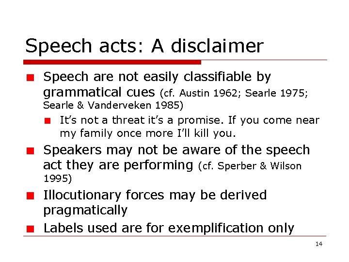 Speech acts: A disclaimer Speech are not easily classifiable by grammatical cues (cf. Austin Speech acts: A disclaimer Speech are not easily classifiable by grammatical cues (cf. Austin