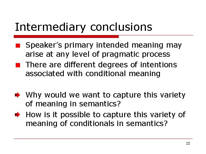 Intermediary conclusions Speaker’s primary intended meaning may arise at any level of pragmatic process Intermediary conclusions Speaker’s primary intended meaning may arise at any level of pragmatic process